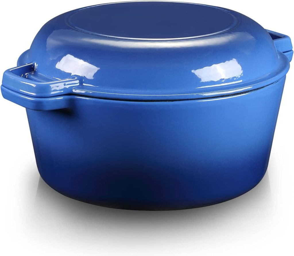 5.5 Quart Enameled Cast Iron Dutch Oven, 2-In-1 Enamel Dutch Oven Pot with Skillet Lid for Grill, Stovetop, Induction (Gradient Blue)