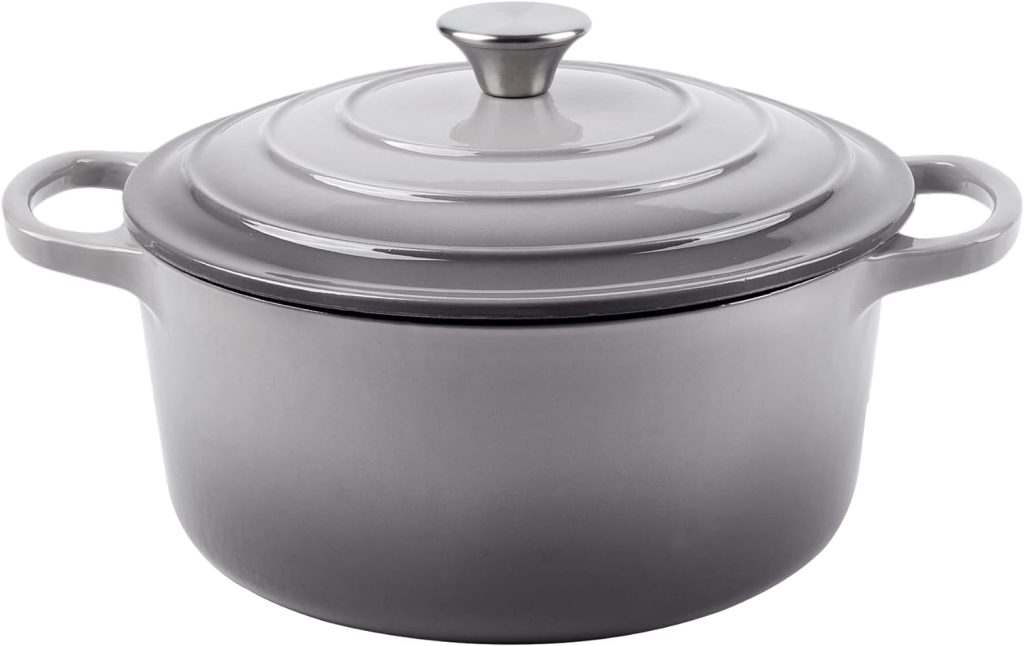 Alathote 6 Quart Enameled Cast Iron Dutch Oven with Lid - Big Dual Handles - Oven Safe up to 500°F - Classic Round Pot for Versatile Cooking Light Gray