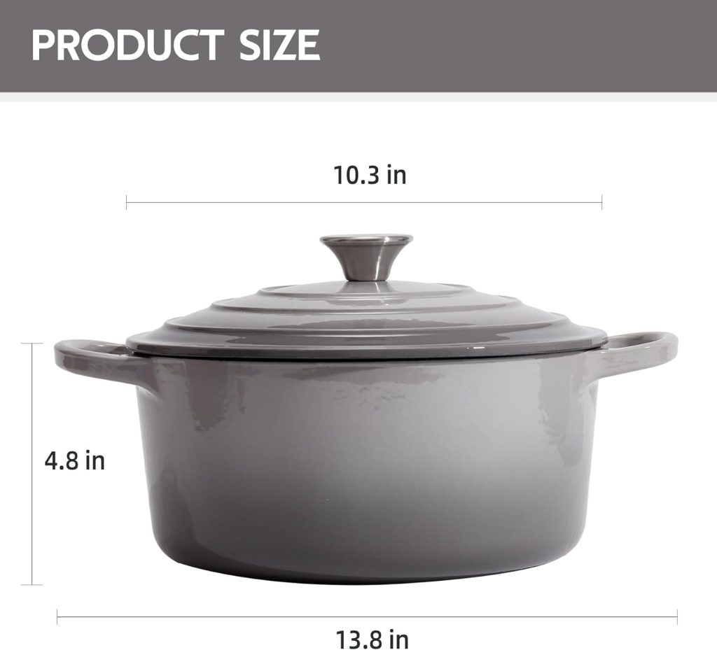 Alathote 6 Quart Enameled Cast Iron Dutch Oven with Lid - Big Dual Handles - Oven Safe up to 500°F - Classic Round Pot for Versatile Cooking Light Gray