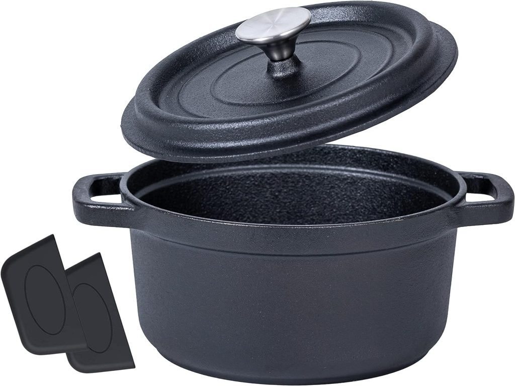 Bruntmor 2.3 Quart Pre-seasoned Cast Iron Dutch Oven With Handles, Lid And Silicone Accessories, 2.3 Qt Black Cast Iron Skillet, Pre-seasoned Shallow Cookware Braising Pan For Casserole Dish
