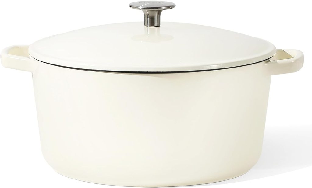 CAROTE 5.5Qt Enamel Cast Iron Dutch Oven Pot With Lid, Oven Safe Up to 500°F, Cast Iron Pot Wide Flat Cooking Surface with Large Handle Metal Knob, Locking in Nutrients and Easy Cleaning, Cream