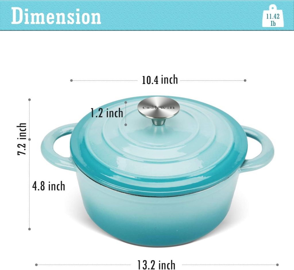 COOKWIN Enameled Cast Iron Dutch Oven, 5 QT Bread Baking Pot with Self Basting Lid, Non-stick Enamel Coated Cookware Pot, Great Christmas Gifts for Family, Teal