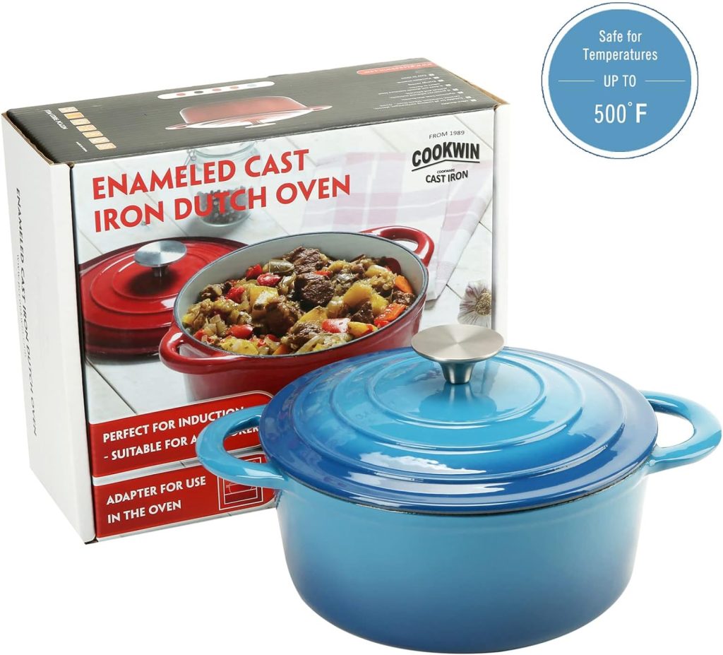COOKWIN Enameled Cast Iron Dutch Oven, 5 QT Bread Baking Pot with Self Basting Lid, Non-stick Enamel Coated Cookware Pot, Great Christmas Gifts for Family, Teal