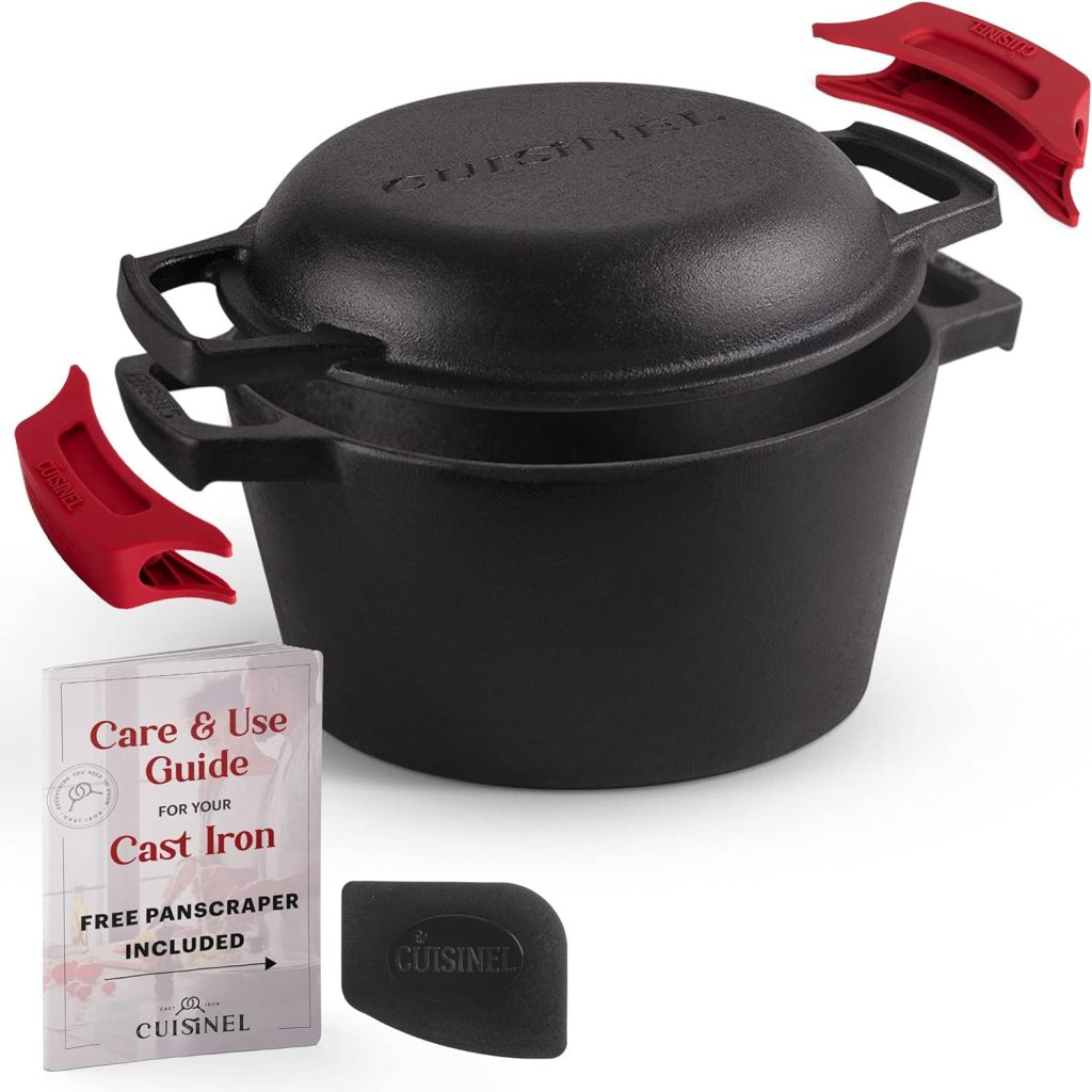 Cuisinel Cast Iron Dutch Oven - 3-Quart Deep Pot - Pre-Seasoned 2-in-1 Multi-Cooker - Combo Lid Doubles as 8-inch Skillet Frying Pan + Silicone Handle Covers + Scraper/Cleaner - Great Set for Baking Bread - Indoor/Outdoor Cookware, Grill, Camping, Kitchen Electric or Gas Stove Cooking, Fryer