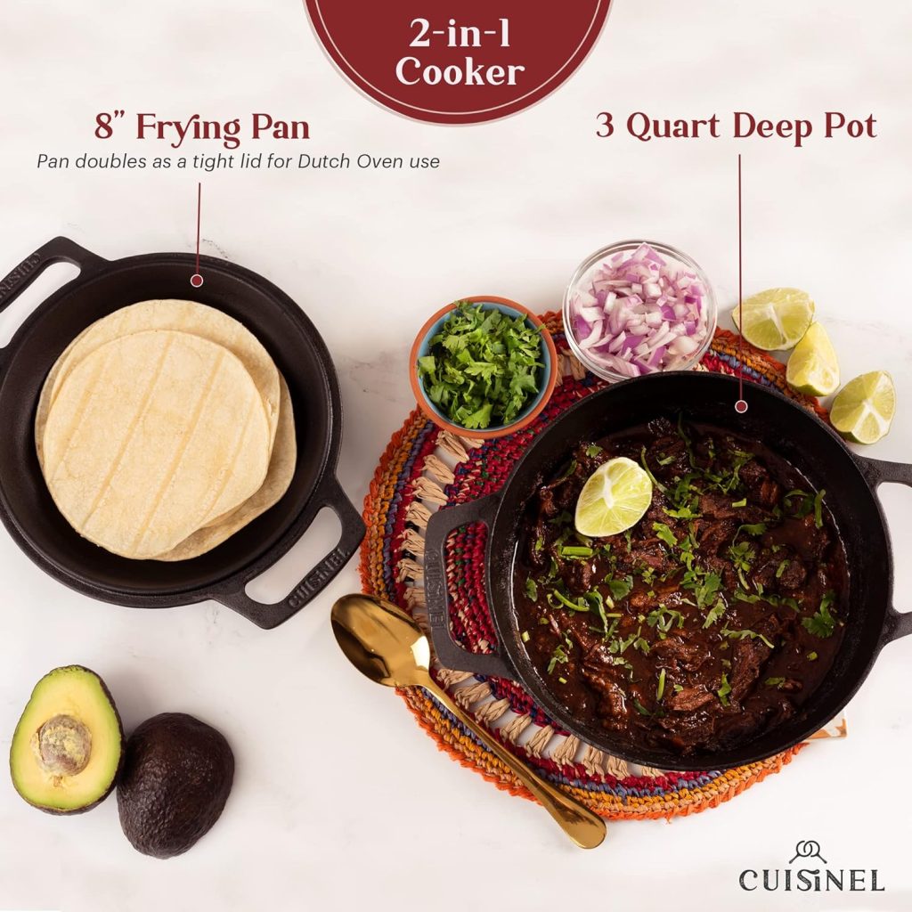 Cuisinel Cast Iron Dutch Oven - 3-Quart Deep Pot - Pre-Seasoned 2-in-1 Multi-Cooker - Combo Lid Doubles as 8-inch Skillet Frying Pan + Silicone Handle Covers + Scraper/Cleaner - Great Set for Baking Bread - Indoor/Outdoor Cookware, Grill, Camping, Kitchen Electric or Gas Stove Cooking, Fryer