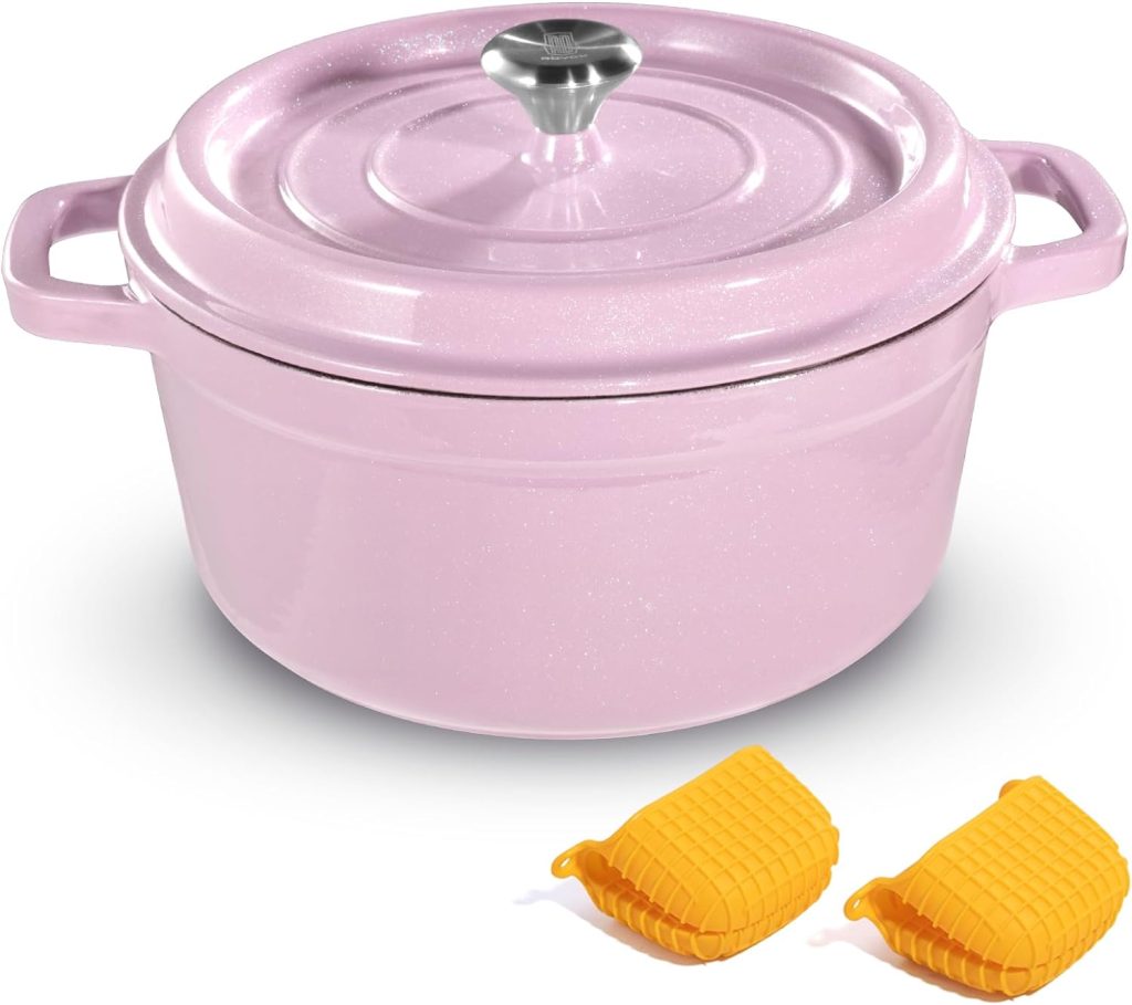 Dutch Oven Pot with Lid, Enameled Cast Iron Coated Dutch Oven 6QT Deep Round Oven, Non-Stick Pan with Dual Handle for Braising Broiling Bread Baking Frying, for Open Fire Stovetop Camping Pink