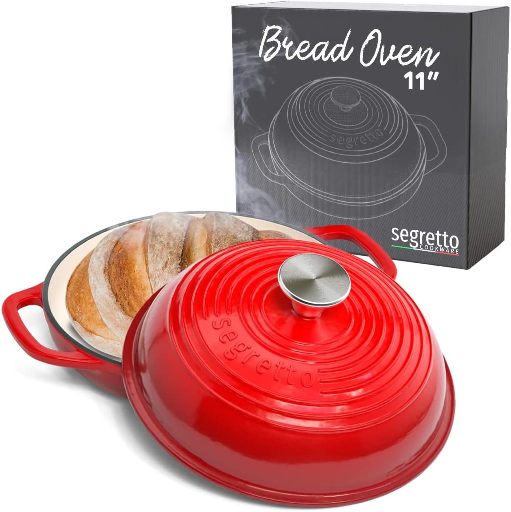 Enameled Cast Iron Bread Pan with Lid, 11” Red Bread Oven Cast Iron Sourdough Baking Pan, Dutch Oven for Bread, No Seasoning Needed -Segretto Cookware