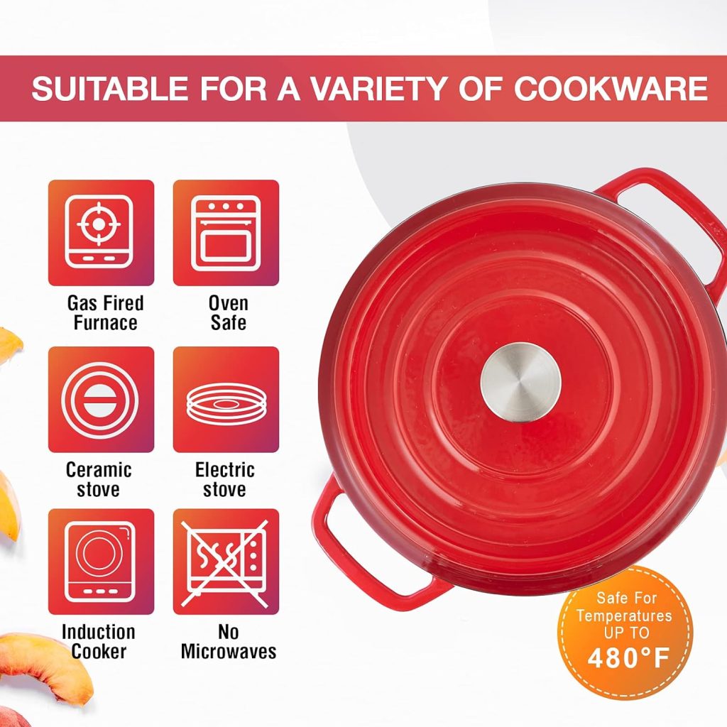 Enameled Cast Iron Dutch Oven Pre-seasoned Pot with Lid  Handles, 4 Quart Enamel Coated Cookware Pot with Silicone Handles and Mat for Cooking, Basting, or Baking, Red