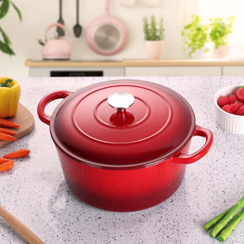 Herogo 6 Quart Enameled Cast Iron Dutch Oven with Lid, Round Dutch Oven Pot with Dual Handles for Bread Baking Stewing Roasting Red