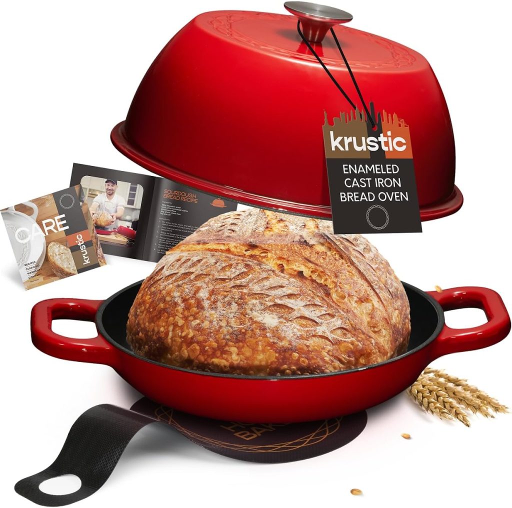 Krustic Enameled Cast Iron Dutch Oven for Sourdough Bread Baking | 6 Quart Pot with Lid | 10 Inch Ceramic Enamel Thick Coated Cookware Set with Non Stick Silicone Baking Mat for Cooking | 6 Qt | Red