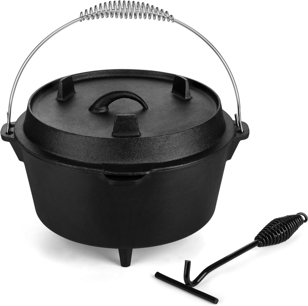 Leonyo Cast Iron Dutch Oven with Lid Lifter, 7QT Dutch Oven Pot with Lid, 2 in 1 Camping Pots and Pans Set Cast Iron Frying Pan  Pre-Seasoned Deep Pot for Sourdough Bread Baking, Campfire Cooking