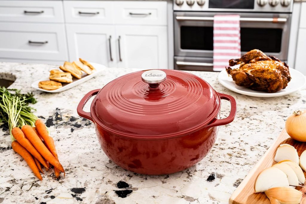 Lodge 6 Quart Enameled Cast Iron Dutch Oven with Lid – Dual Handles – Oven Safe up to 500° F or on Stovetop - Use to Marinate, Cook, Bake, Refrigerate and Serve – Blue