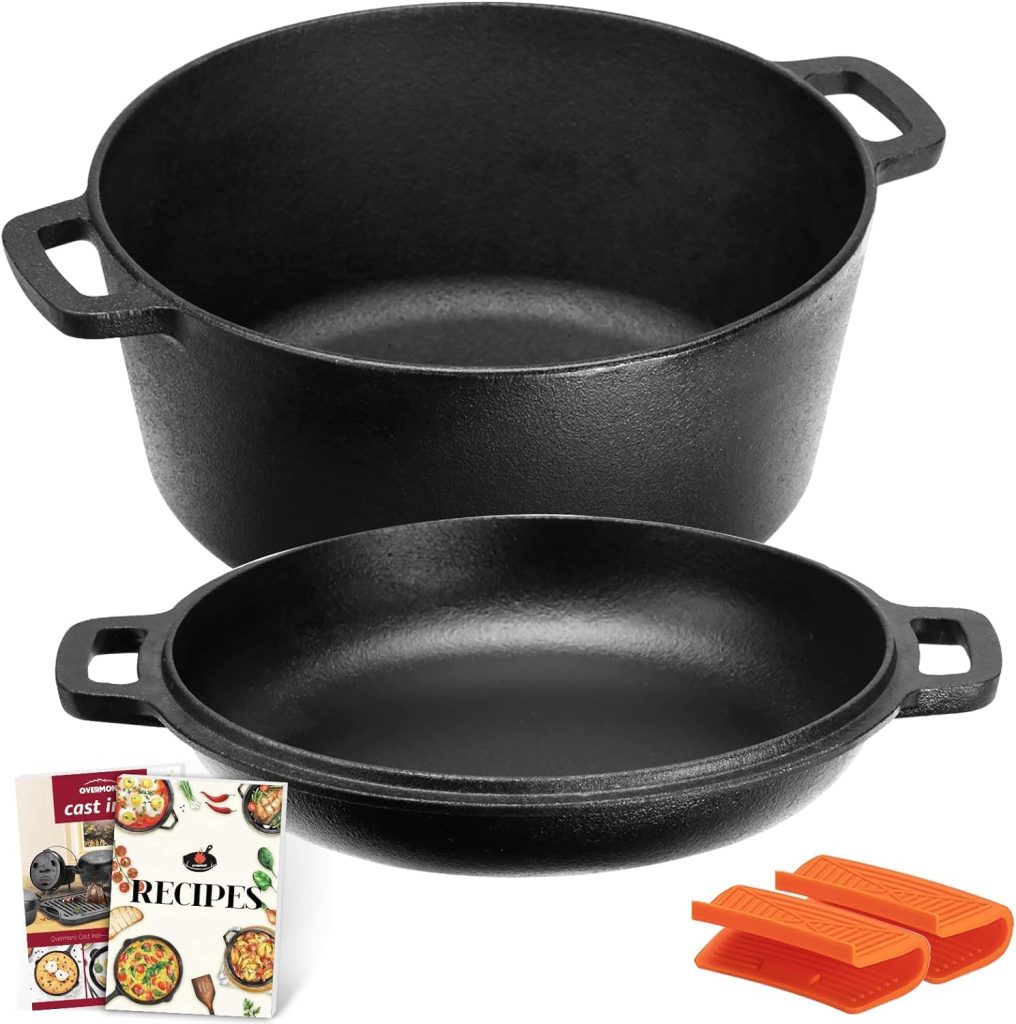 Overmont 2 in 1 Pre Seasoned Dutch Oven with Skillet Lid for Induction, Electric, Grill, Stovetop, BBQ, Camping (5 Quart)