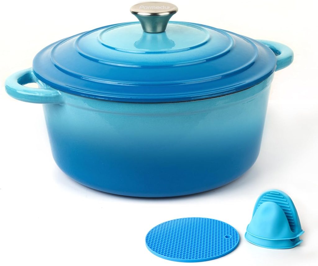Parmedu Enameled Cast Iron Pot: 2.6 Quart Heavy Duty Dutch Oven with Lid and Dual Handles in Blue - Silicone Accessories and Sponge Included, Ideal for Braising, Stewing, Roasting and Baking