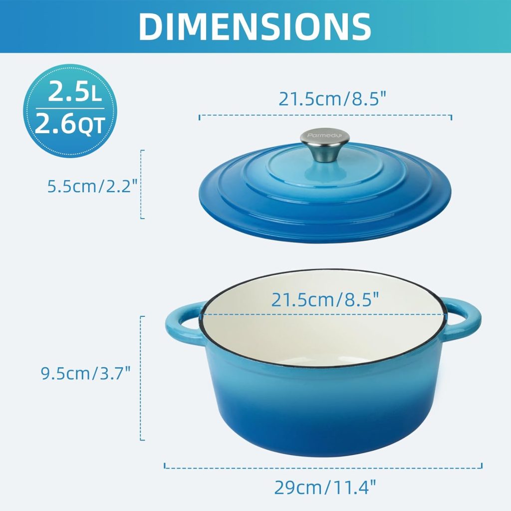 Parmedu Enameled Cast Iron Pot: 2.6 Quart Heavy Duty Dutch Oven with Lid and Dual Handles in Blue - Silicone Accessories and Sponge Included, Ideal for Braising, Stewing, Roasting and Baking