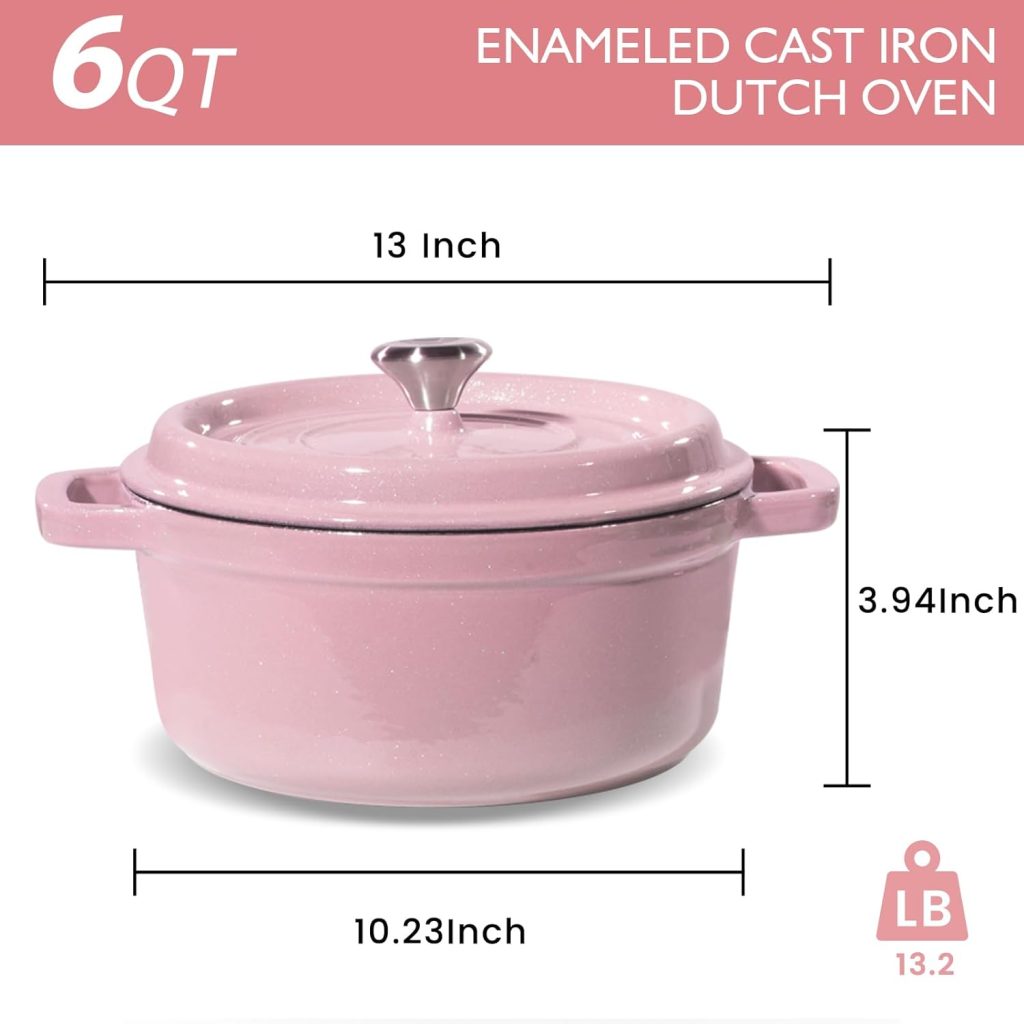 ROYDX Dutch Oven Pot with Lid, Enameled Cast Iron Coated Dutch Oven,Casserole Dish, Braiser Pan with Dual Handles for Bread Baking, Cooking, Oven Safe,All Stovetop (6 Quart, Pink)