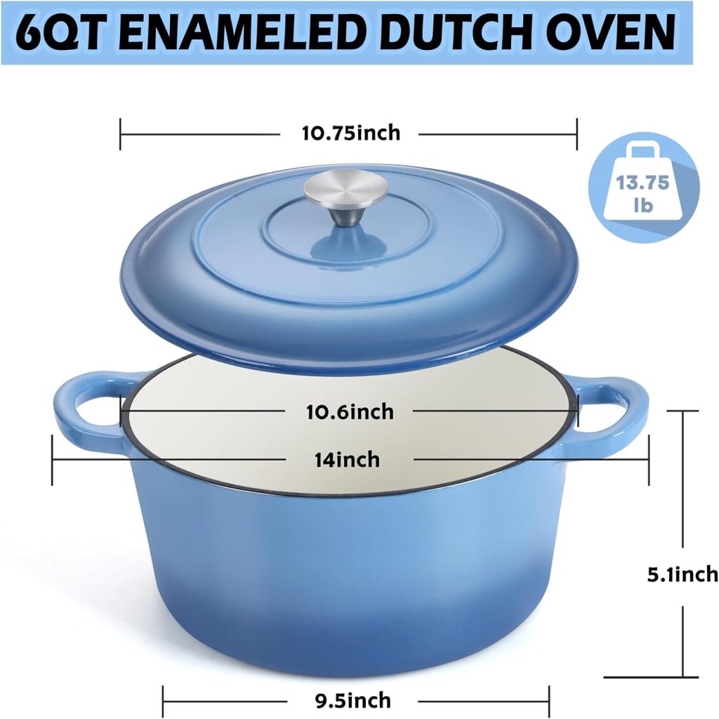 TeamFar 6QT Dutch Oven with Lid, Enameled Nonstick Cast Iron Dutch Oven Cooking Pot for Stewing Baking Braising, Various Stoves  Oven Safe, Toxic Free  Solid, Dual Handles  Easy Cleanup - Blue