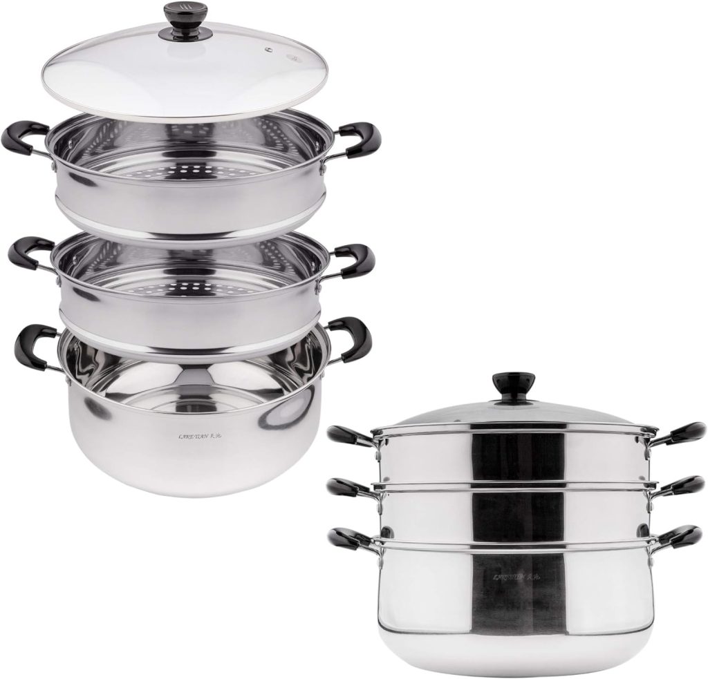 3 Tier Stainless Steel Steamer Pot For Cooking With Stackable Pan Insert, Food Steamer, Vegetable Steamer Cooker, Steamer Cookware Pot/Saucepan with Glass Lid, Multilayer By Lake Tian,32cm/12.6in,26qt