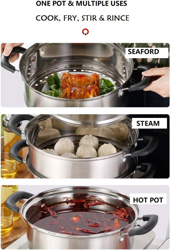 3 Tier Stainless Steel Steamer Pot For Cooking With Stackable Pan Insert, Food Steamer, Vegetable Steamer Cooker, Steamer Cookware Pot/Saucepan with Glass Lid, Multilayer By Lake Tian,32cm/12.6in,26qt