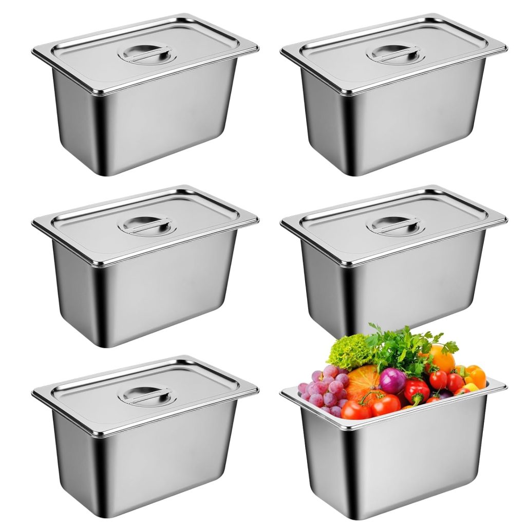 6 Packs Stainless Steel Hotel Pans with Lids 1/3 Size x 6 Deep Steam Table Pan Commercial Food Storage Containers Stackable Metal Steamer Pan Anti-Jam Hotel Pan Restaurant Warm Pans