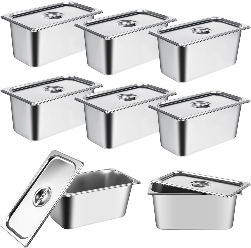 8 Pack Stainless Steel Hotel Pans 1/3 Size x 6 Deep Steam Table Pan with Lids Commercial Food Storage Containers Stackable Metal Steamer Pan Anti-Jam Hotel Pan Restaurant Warm Pans