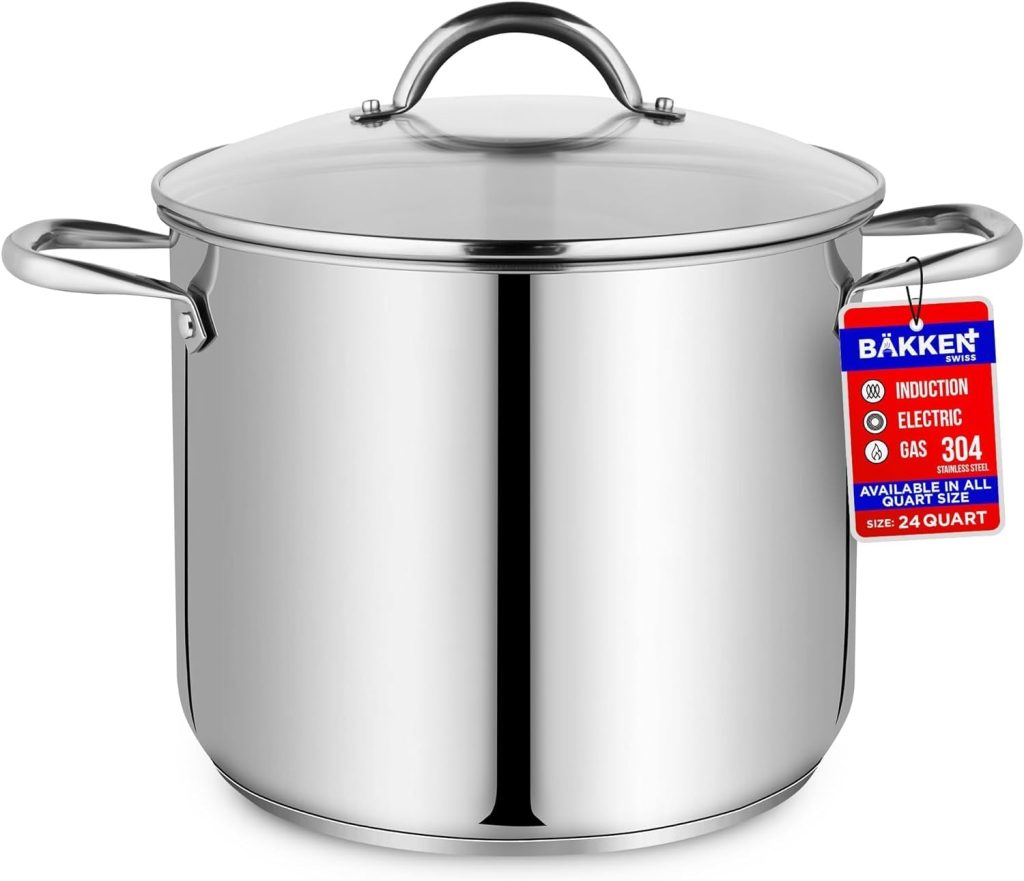 Bakken-Swiss Deluxe 24-Quart Stainless Steel Stockpot w/Tempered Glass See-Through Lid - Simmering Delicious Soups Stews  Induction Cooking - Exceptional Heat Distribution - Heavy-Duty  Food-Grade