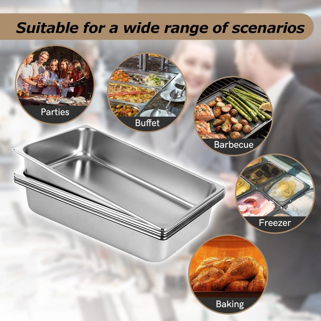 BriSunshine Full Size Hotel Pans 4 Inch Deep, 6 Packs Stainless Steel Steam Table Pans for Food, Commercial Catering Food Pans for Restaurant Buffet Party Supplies