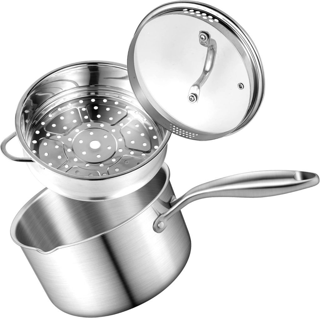 Buttermelt 3.5 Quart Stainless Steel Saucepan with Steamer Basket, Tri-ply Full Body, Multipurpose Sauce Pot with Two-Size Drainage Holes Lid, Perfect For Boiling Gravies, Pasta, Noodles