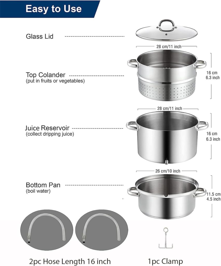 Cooks Standard Canning Juice  Jelly Steamer Extractor 11 Quart/28cm Multipot Fruit  Vegetables Stainless Steel Glass Lid, with 2 Hose, 1 Clamp