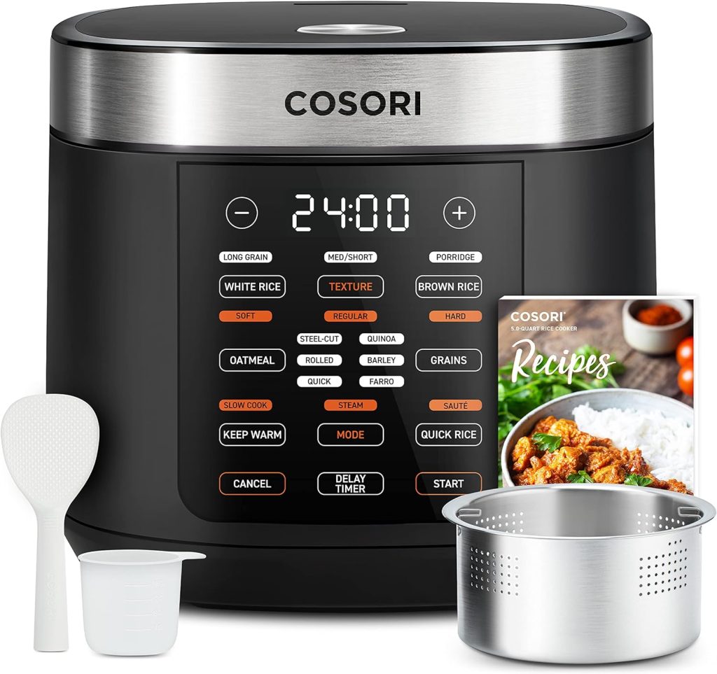 COSORI Rice Cooker Maker 18 Functions, Stainless Steel Steamer, Warmer, Slow Cooker, Sauté, Timer, Japanese Style Fuzzy Logic Technology, 50 Recipes, Olla Arrocera Electrica, 1000W, 10 cup Uncooked
