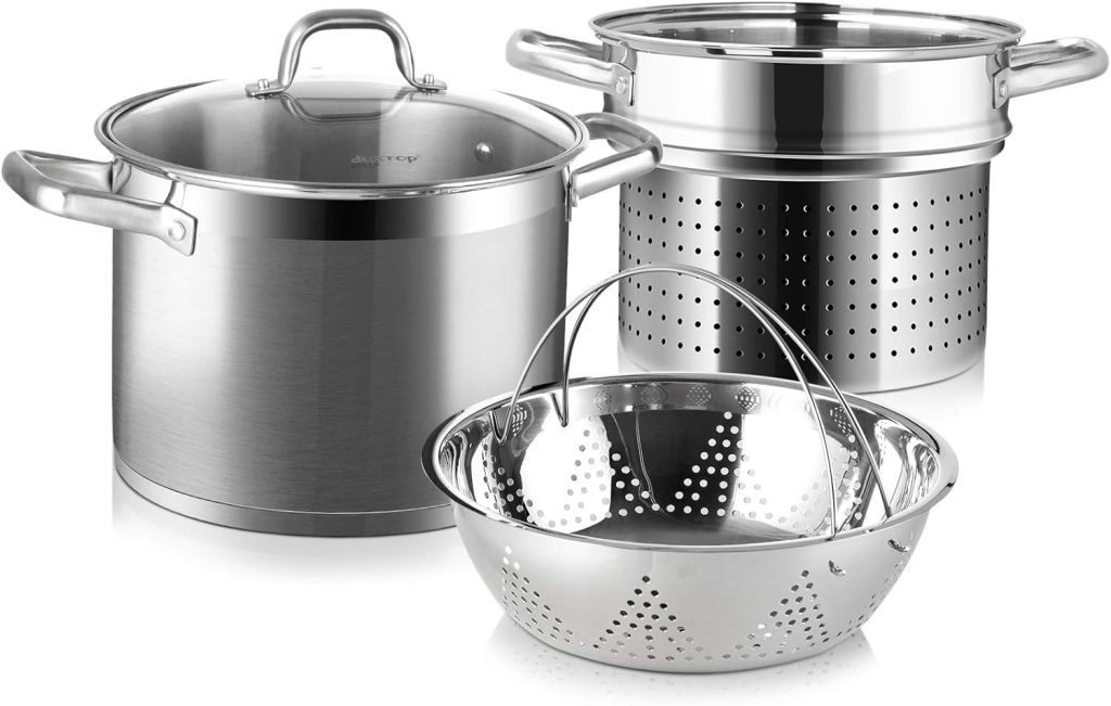 Duxtop Professional Stainless Steel Pasta Pot with Strainer Insert, 4PC Multipots Includes Pasta Pot  Steamer Pot, 8.6Qt Induction Stock Pot with Glass Lid, Impact-Bonded Technology