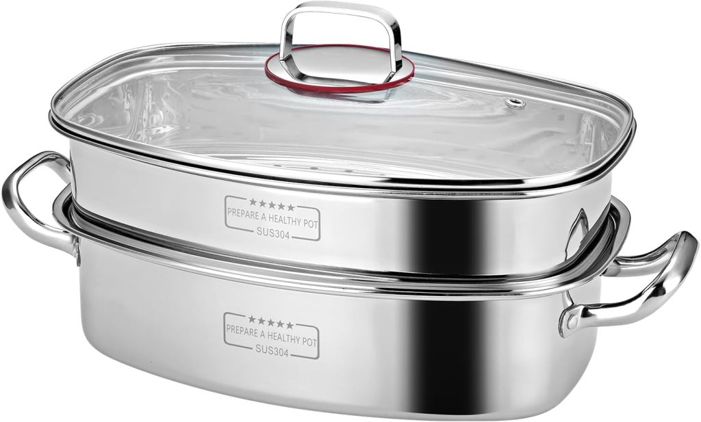 Eglaf 2-Tier Stainless Steel Fish Steamer - Multi-Use Square Steaming Cookware with Rack, Ceramic Plate, Chuck, Oven Mitts - Stockpot for Steaming Fish, Boiling Soup
