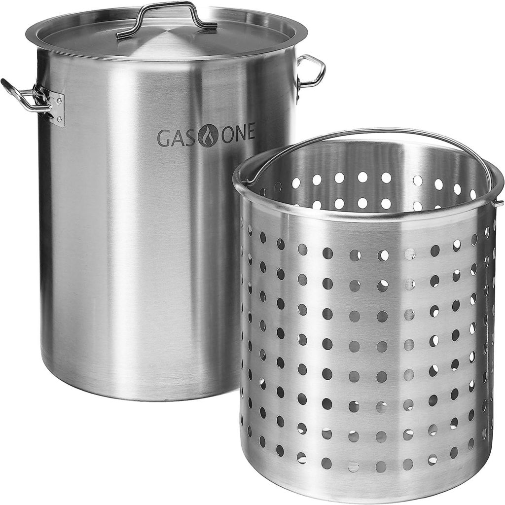 GasOne Stainless Steel Stockpot with Basket – 36qt Stock Pot with Lid and Reinforced Bottom – Heavy-Duty Cooking Pot for Deep Frying, Turkey Frying, Beer Brewing, Soup, Seafood Boil – Satin Finish