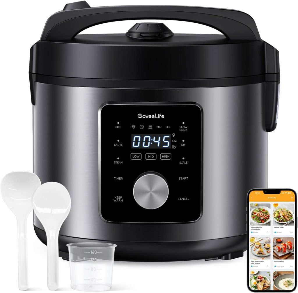 GoveeLife Smart Rice Cooker, 6-in-1 Stainless Steel Multi-Cooker, Slow Cooker, Yogurt Maker, Saute Pan, Steamer, Food Warmer, 1000W, 10-Cup Uncooked 5.2 Quart, Includes App with 30 Recipes