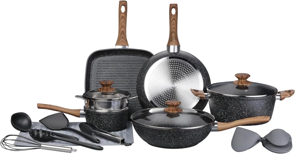 Leetaltree Nonstick Healthy Cookware Sets - 16 Pieces Pots and Pans with Utensils and Steamer, Nonstick Cast Aluminum Kitchen Cookware with Bakelite Handles, Non Toxic, PFOS  PFOA Free