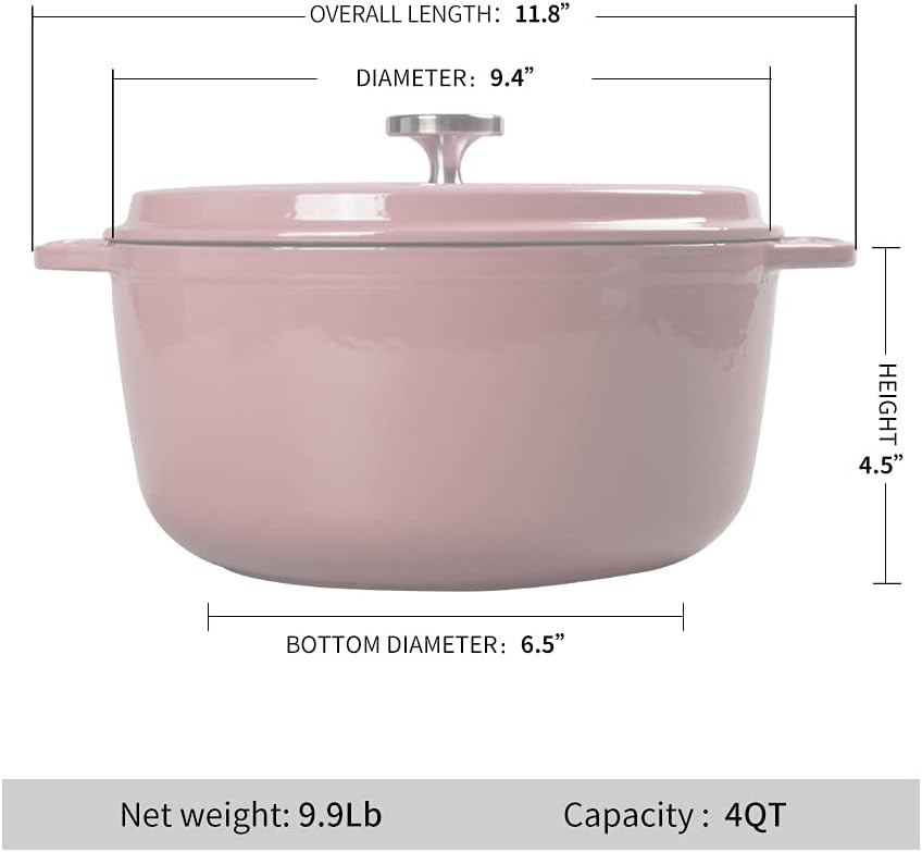 M-COOKER 4 Quart Enameled Cast Iron Dutch Oven with Lid, Heavy Duty Dutch Oven with Leaf Design Handle, Versatile Cooking, Oven Safe up to 500℉ (Pink)