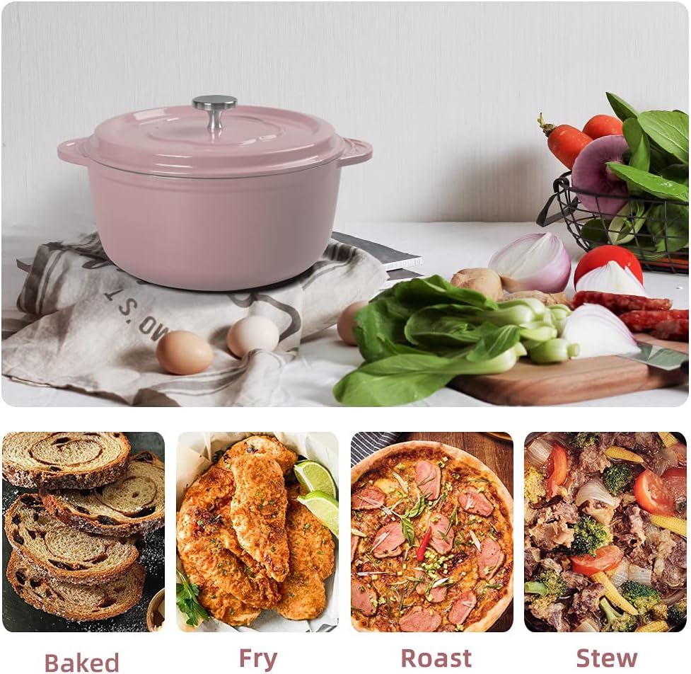 M-COOKER 4 Quart Enameled Cast Iron Dutch Oven with Lid, Heavy Duty Dutch Oven with Leaf Design Handle, Versatile Cooking, Oven Safe up to 500℉ (Pink)