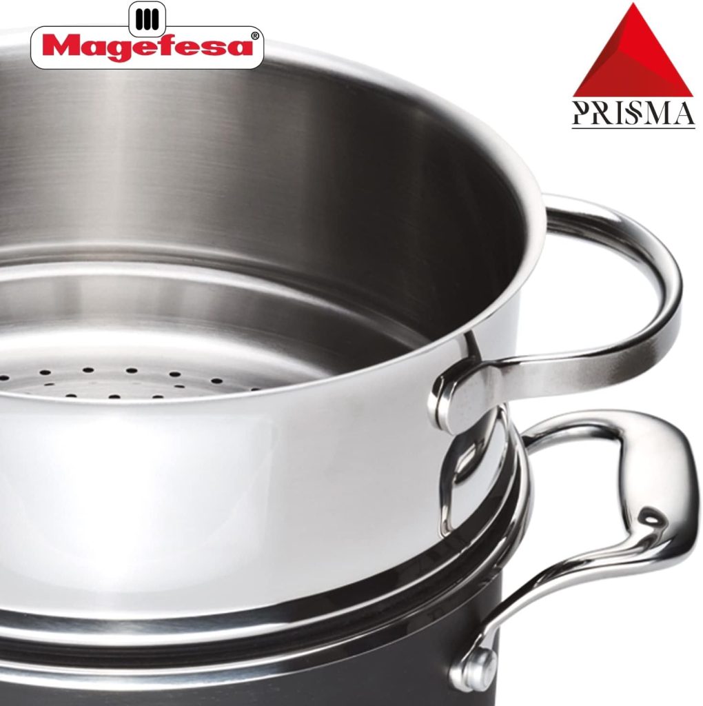 MAGEFESA Prisma – 7.9 inches steam pot with lid, made in 18/10 stainless steel, for all types of kitchens, INDUCTION, easy cleaning, dishwasher and oven safe up to 392ºF