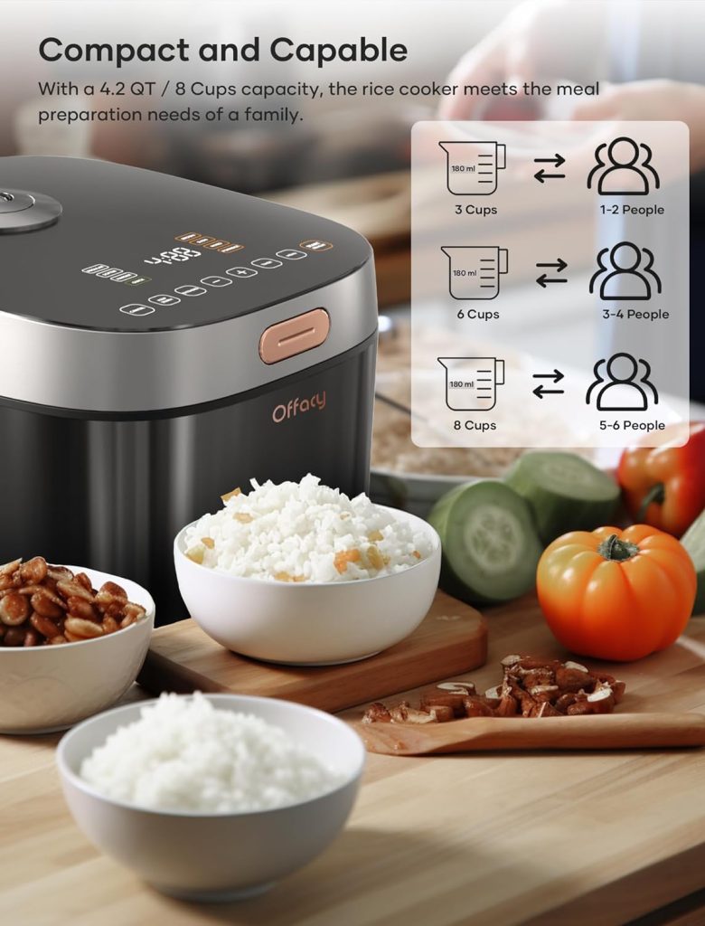 Offacy Rice Cooker Maker 8 Cup Uncooked 8 Preset Programs, Smart Fuzzy Logic, Large Stainless Steel Steamer, Friendly Touch Panel and LED HD Display, Auto Keep Warm, Quick Cook, Black