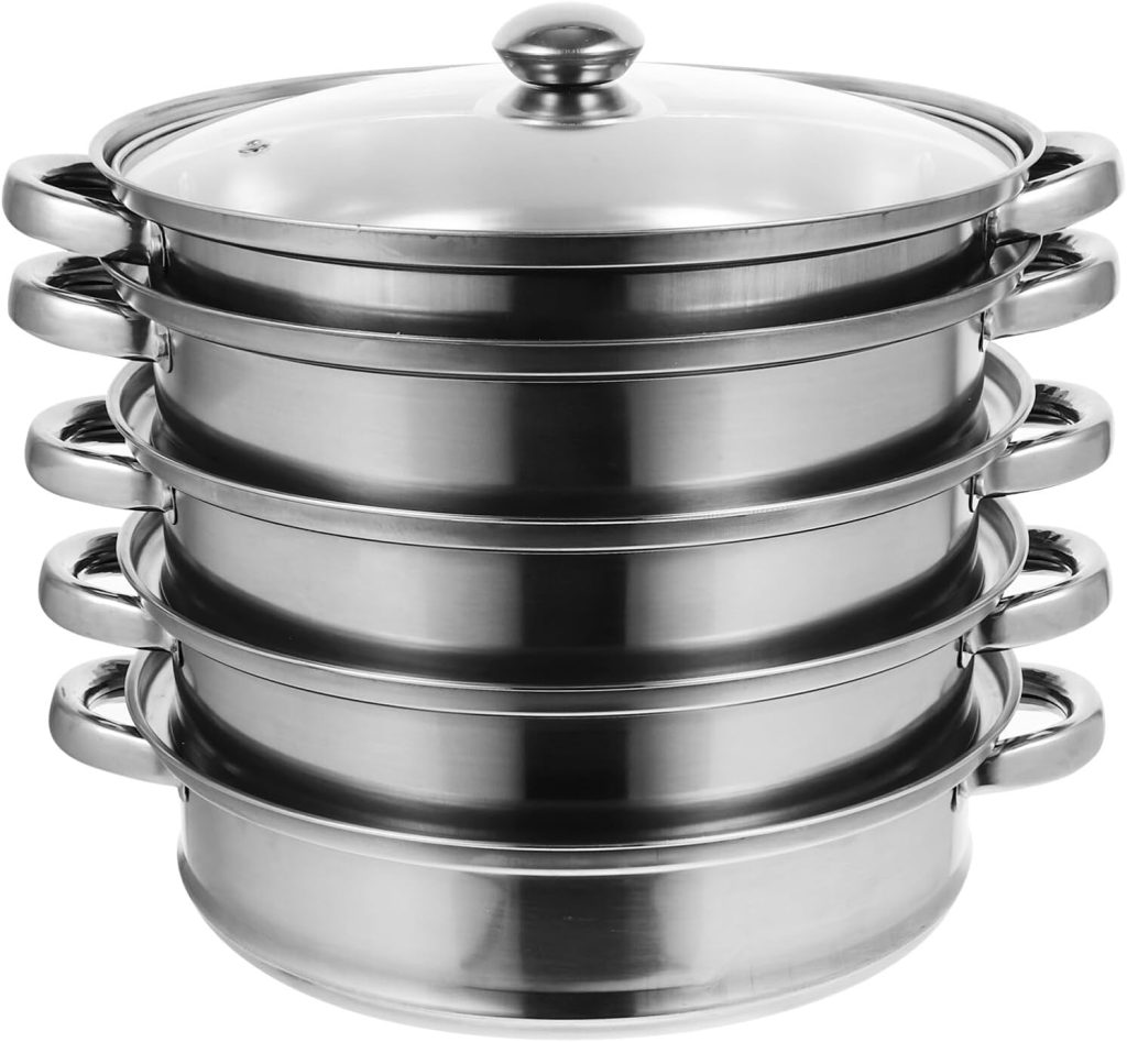Operitacx Steamer Pot Stainless Steel Stock Pot Soup Pot Saucepot 5 Tier Pasta Pot Cooker Pot Kitchen Steaming Cookware with Lid for Steaming Vegetable Dumpling (10.7x12.1 inch)
