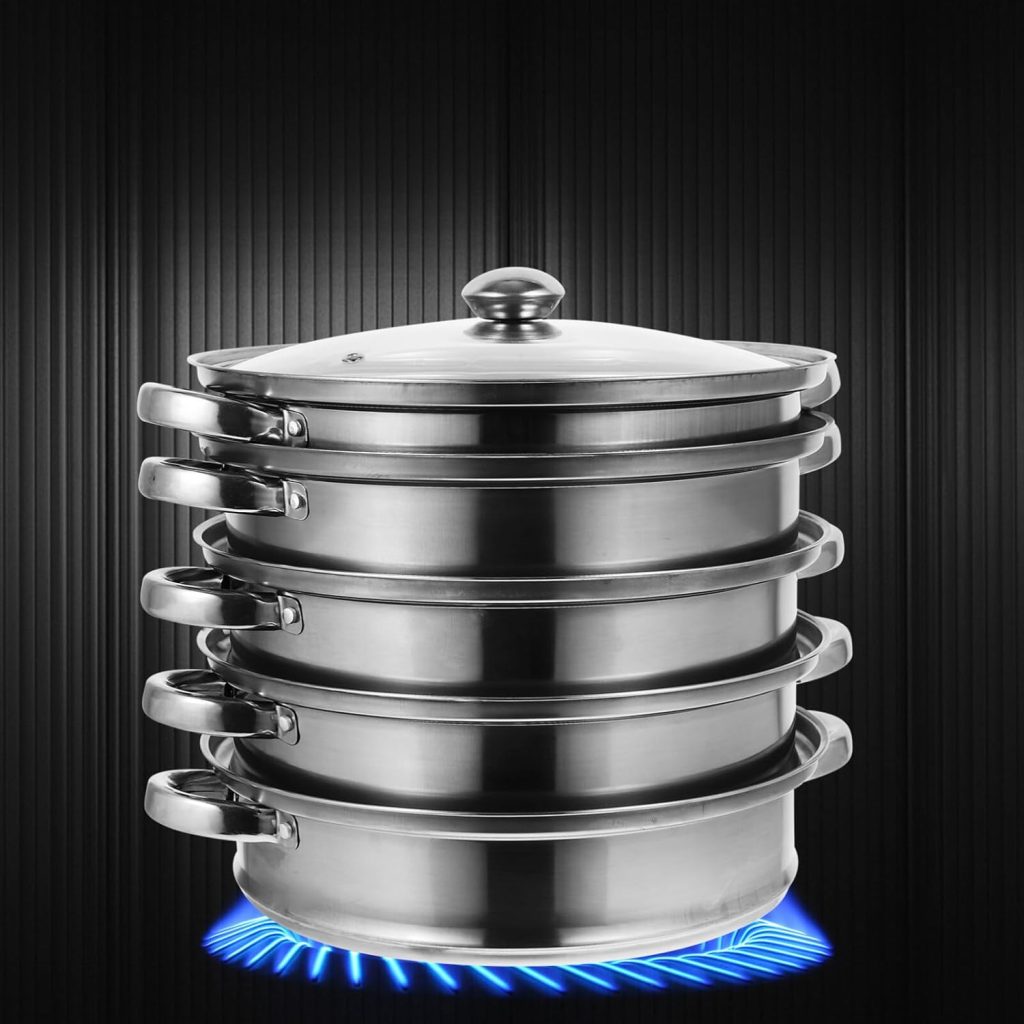 Operitacx Steamer Pot Stainless Steel Stock Pot Soup Pot Saucepot 5 Tier Pasta Pot Cooker Pot Kitchen Steaming Cookware with Lid for Steaming Vegetable Dumpling (10.7x12.1 inch)