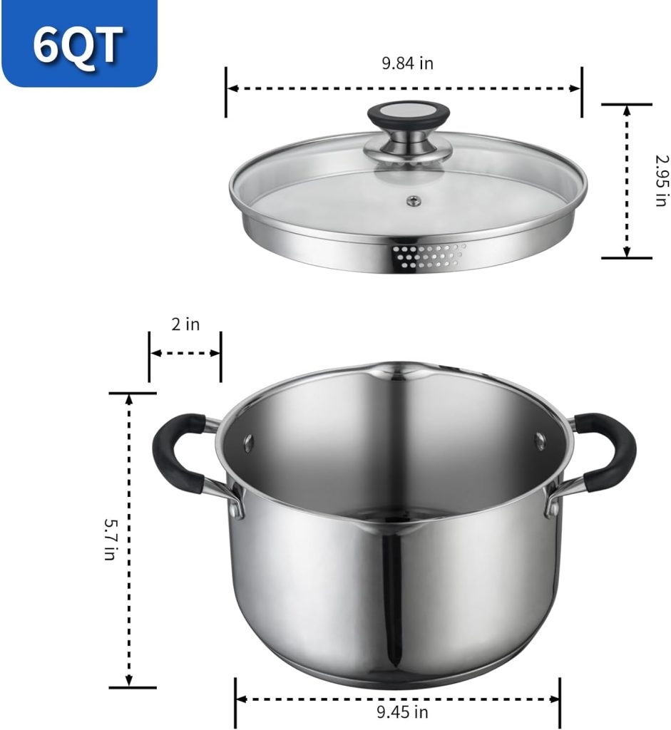 SLOTTET 6 Quart Stainless Steel Stock Pot with Steamer,6 Qt Multipurpose Stockpot with Stay-cool silicone Handle and Glass Lid
