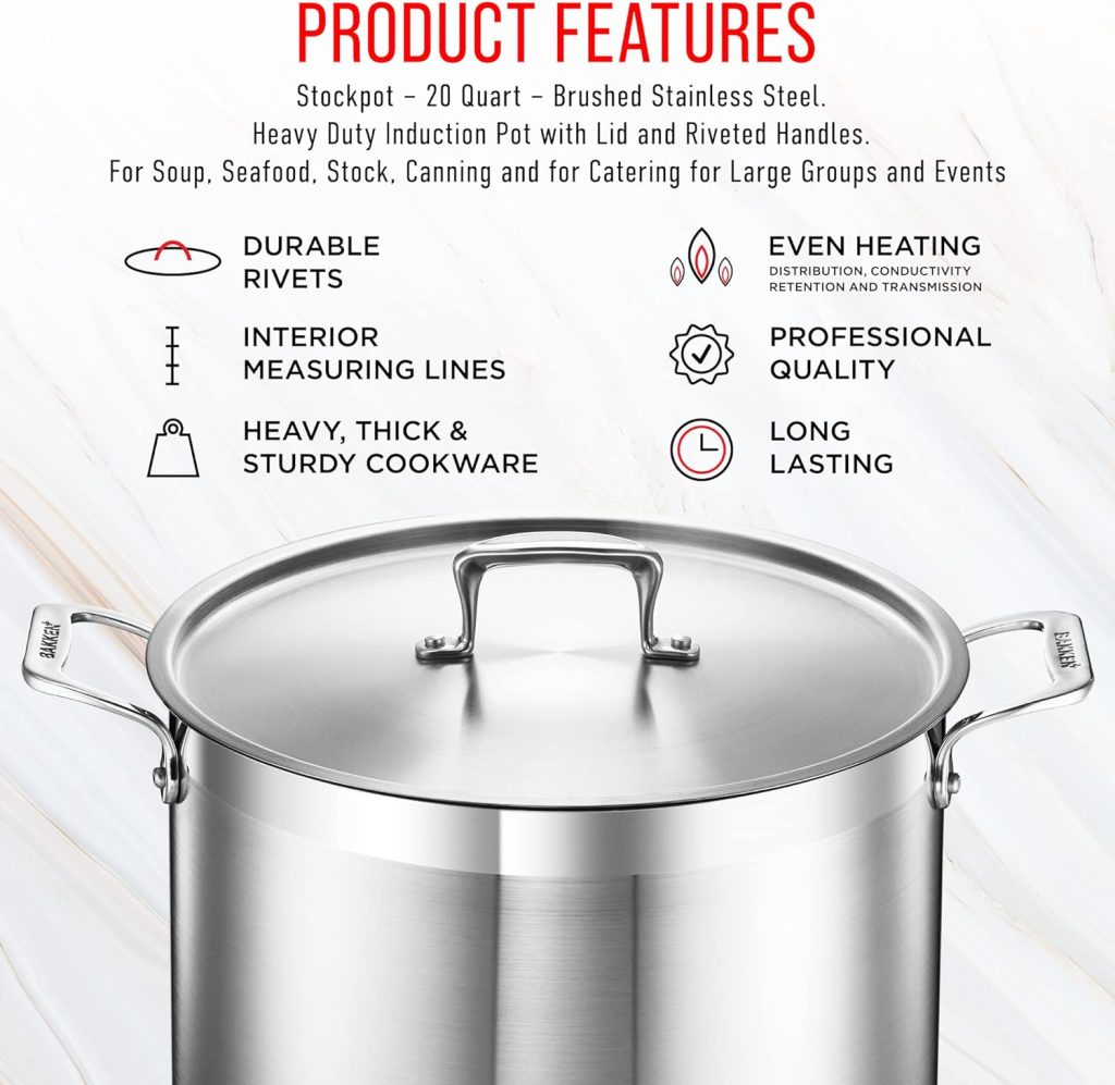 Stockpot – 20 Quart – Brushed Stainless Steel – Heavy Duty Induction Pot with Lid and Riveted Handles – For Soup, Seafood, Stock, Canning and for Catering for Large Groups and Events by BAKKEN