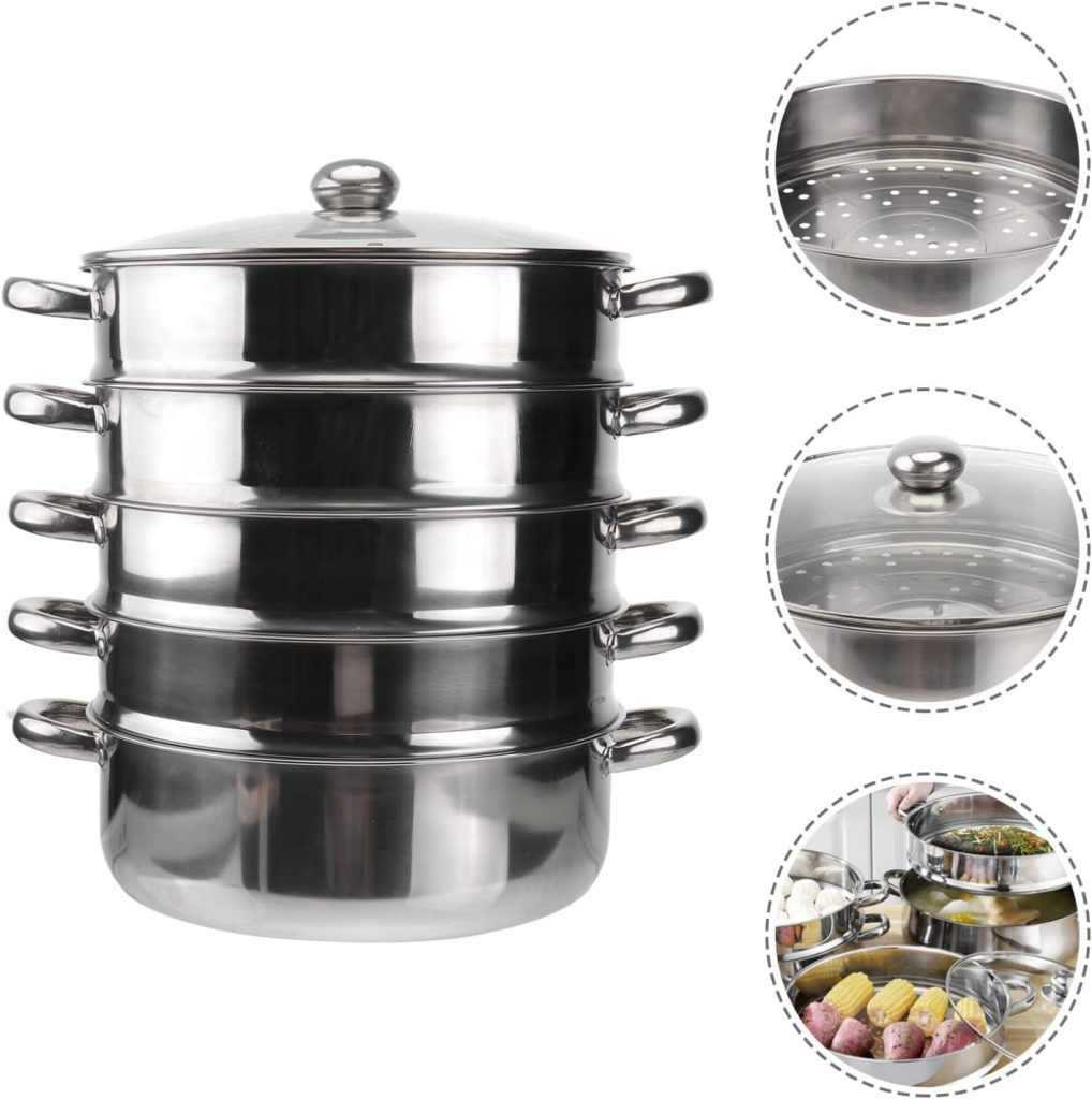 YARNOW Steamer Cookware 5 Tier Stainless Steel Steamer Pot Food Steaming Pot Multipurpose Steaming Cookware Dishwasher Safe for Home Kitchen (30cm) Steaming Pot