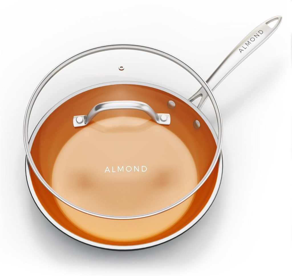 Almond 12 Inch Non-Stick Frying Pan with Lid - Copper Ceramic Fry Pans with Tempered Glass Lid  Stainless Steel Handle, Round Aluminum Saute Pan, Dishwasher and Oven Safe - 12 inches