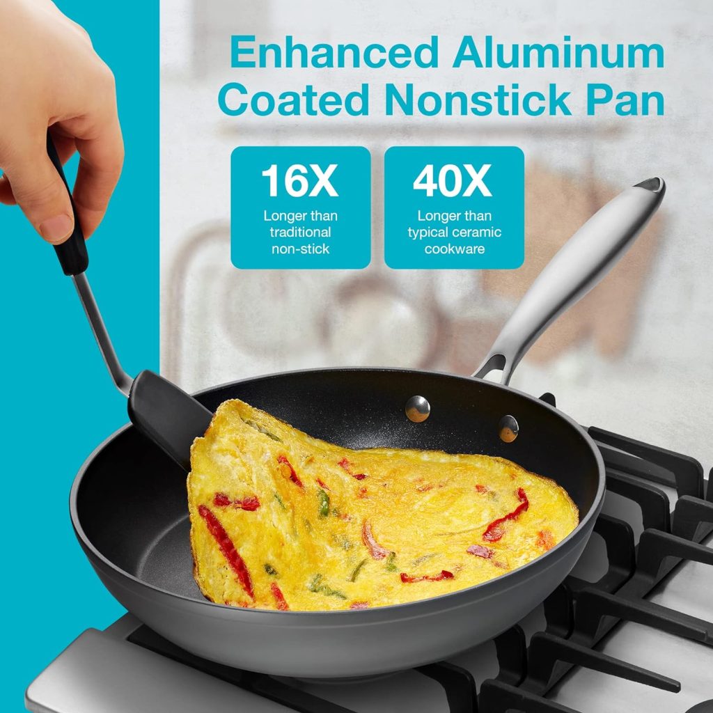 Belwares Nonstick Frying Pan with Spatula  Lid – 10 Inch Non Stick Skillet Egg Frying Pan – Lightweight Aluminum Hard-Anodized Fry Pan for Kitchen Cooking with Gas, Electric, Oven or Induction