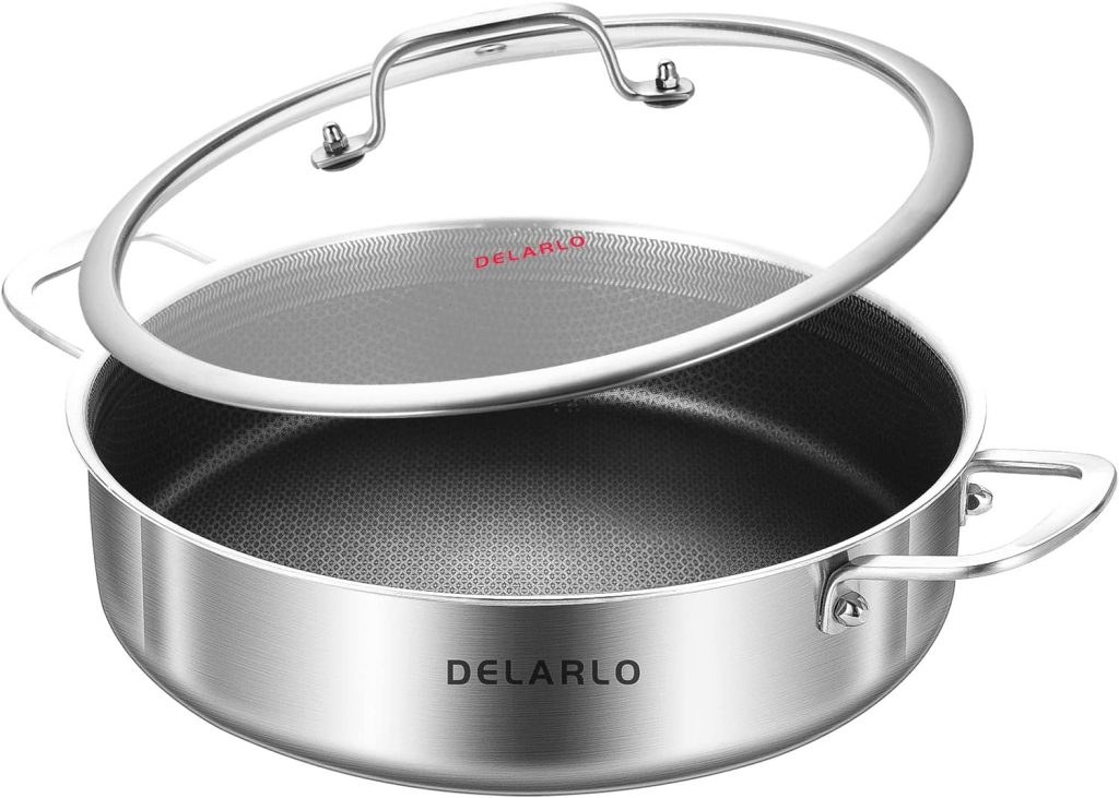 DELARLO Tri-Ply Stainless Steel Saute Pan 6 Quarts Deep Frying Pan, 12 inch Induction Compatible Chef Cooking Pan, Sauté Pan with lid, Dishwasher  Oven Safe