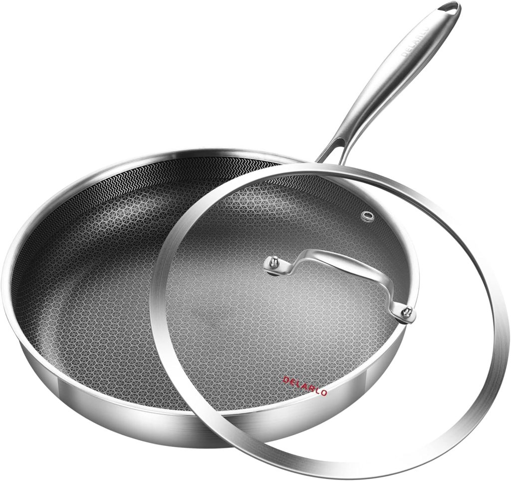 DELARLO Whole body Tri-Ply Stainless Steel 12 inch Honeycomb Frying Pan With Lid, Oven safe induction skillet,Suitable for All Stove (Detachable Handle)