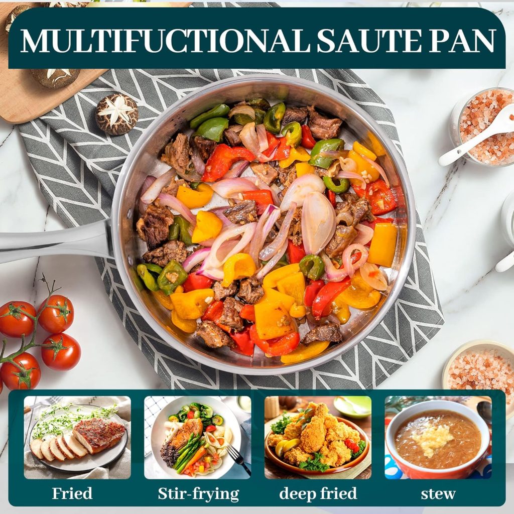 DELUXE 12 Inch Stainless Steel Skillet Frying Pan, Large Saute Pan with Lid and Stay-Cool Handle, 5qt Deep Sauté Pans for Deep-Fry Braise Stew, Multipurpose Cooking Pot for Induction Gas Stove