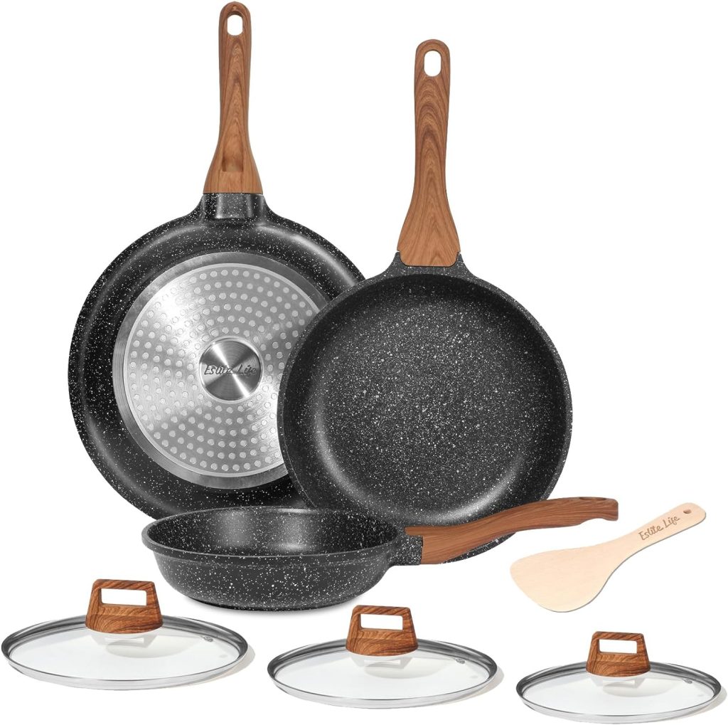 ESLITE LIFE Frying Pan Set with Lids Nonstick Skillet Set Egg Omelette Pans, Granite Coating Cookware Compatible with All Stovetops (Gas, Electric  Induction), PFOA Free, 7-Piece